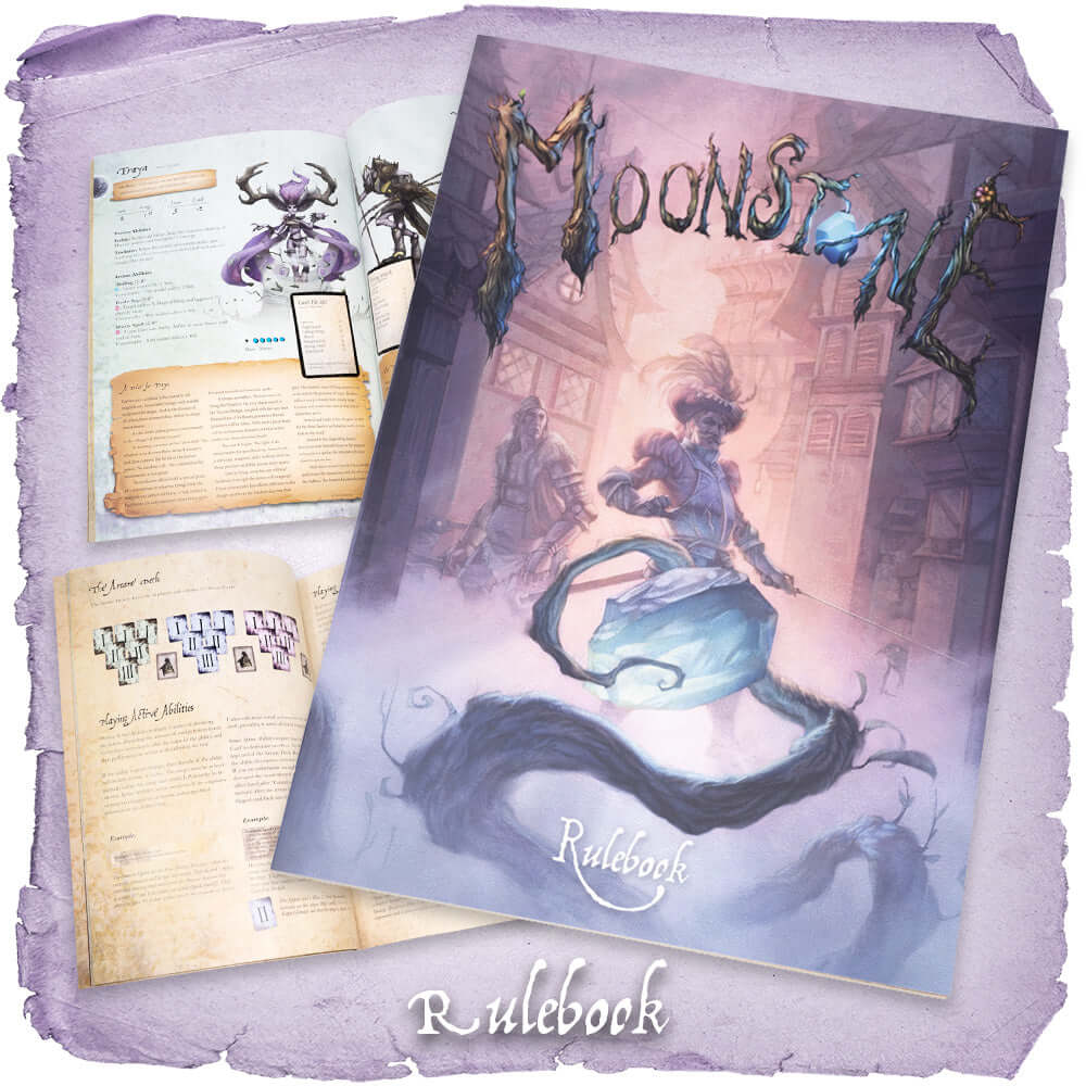 Moonstone rulebook featuring beautiful illustrations, character profiles, and narrative history.