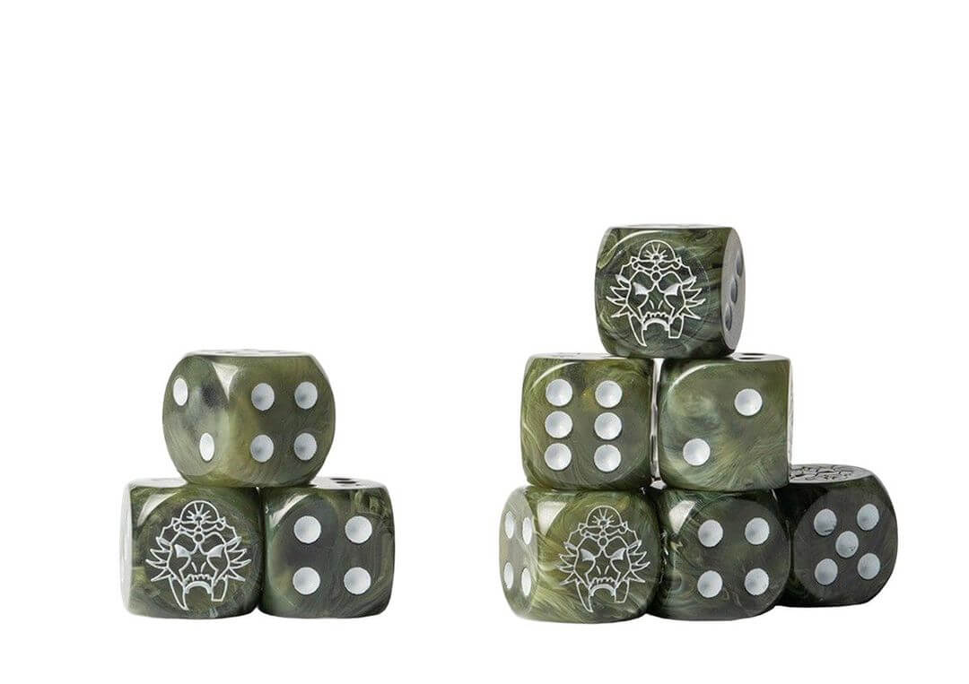 W'adrhun Logo on Dark Green Marbled Dice - The Ork Forge