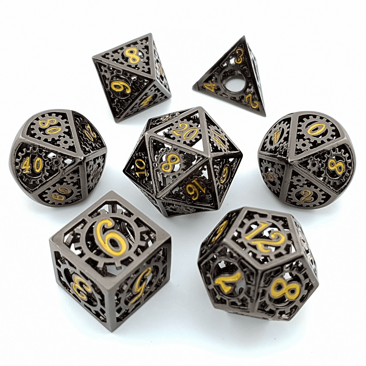 Gears of Fate | Hollow Metal Dice | 7 Piece Set - The Ork Forge